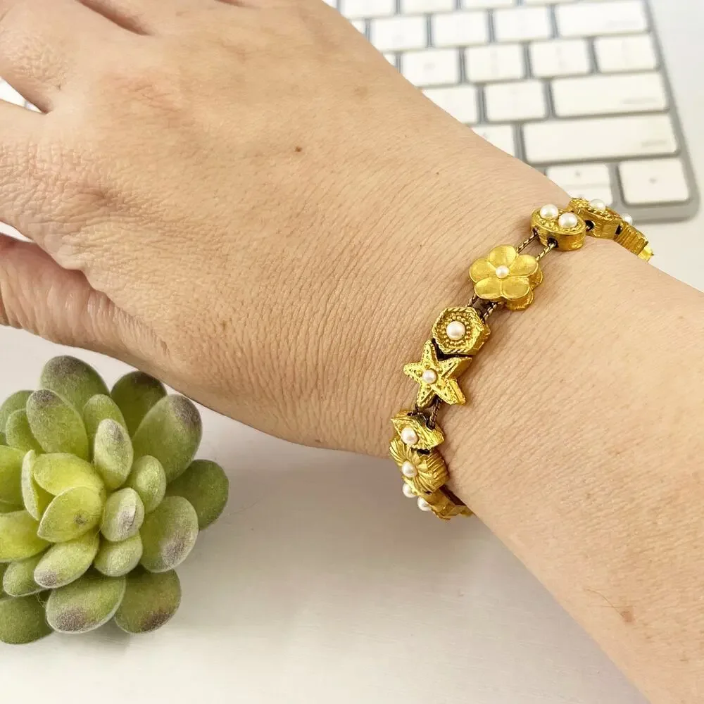 Carolee Vintage Pearl & Brushed Gold Slide Charm Bracelet